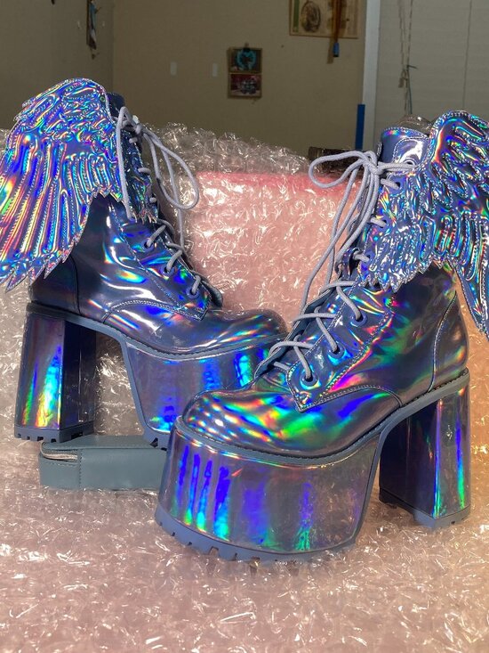 Dolls Kill Shoes - Dolls Kill Club EXX Arctic Angel Holographic Platform Boots